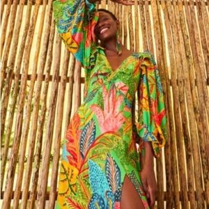 NWT Farm Rio Forest Dream Midi Dress Womens Medium Green Yellow Long Sleeve